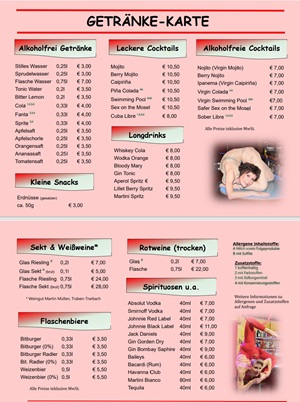Getränkekarte des Moselpalast Varietétheater am Brückentor, Traben-Trarbach - Mosel