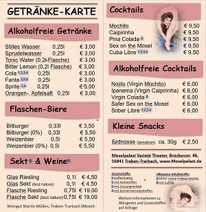 Getränkekarte im Moselpalast Varietétheater am Brückentor, Traben-Trarbach - Mosel